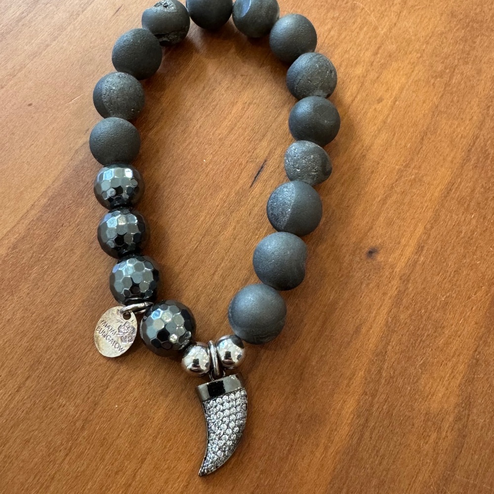 Black Onyx Stretchy Bracelet W/ Pave Horn Charm -NWOT